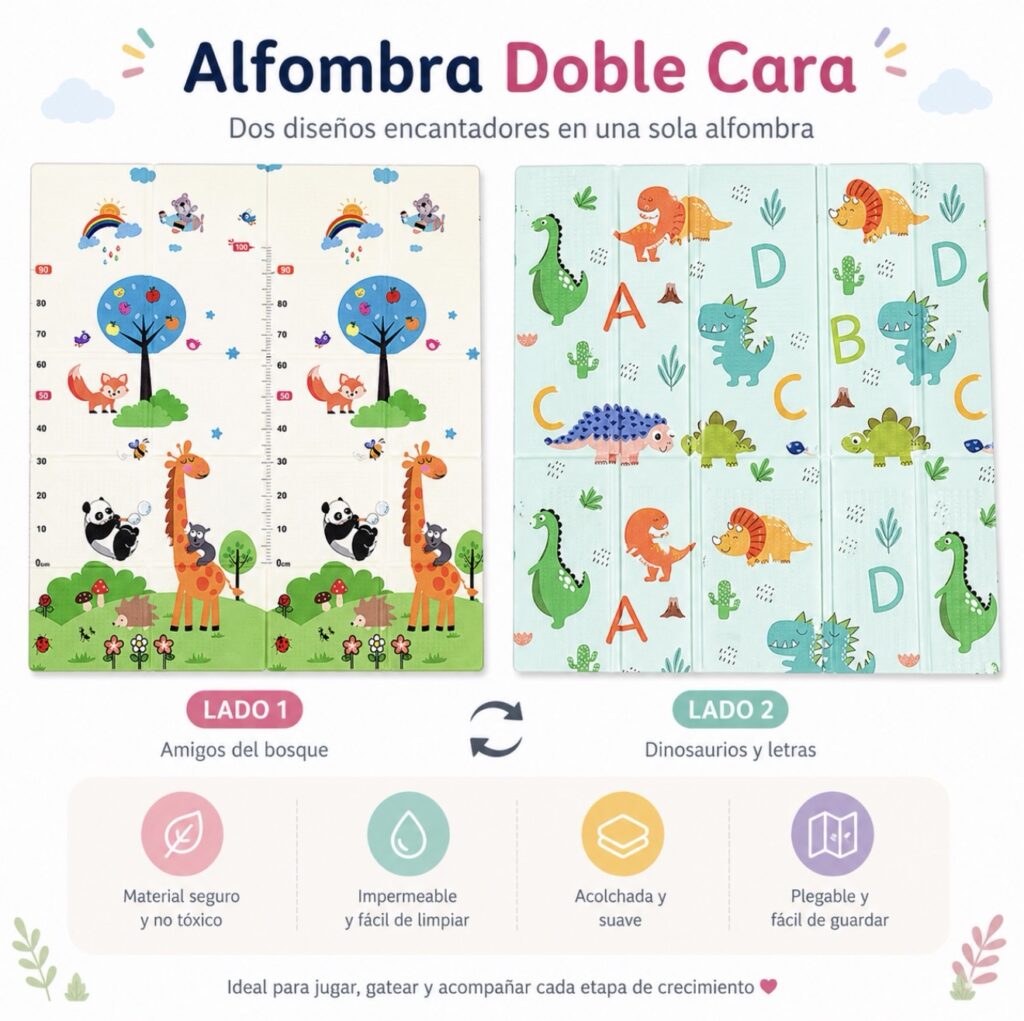 Alfombra o tapete de espuma suave plegable para bebés, 178 x 117 cm de doble cara (jirafa-dinosaurio)