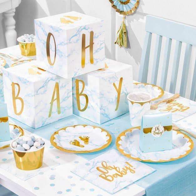 3 centros de mesa de tres piezas de mármol azul para baby shower Oh Baby