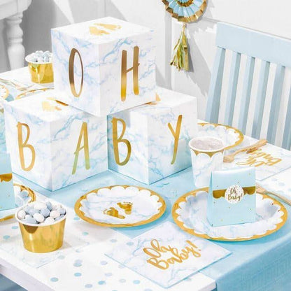 3 centros de mesa de tres piezas de mármol azul para baby shower Oh Baby