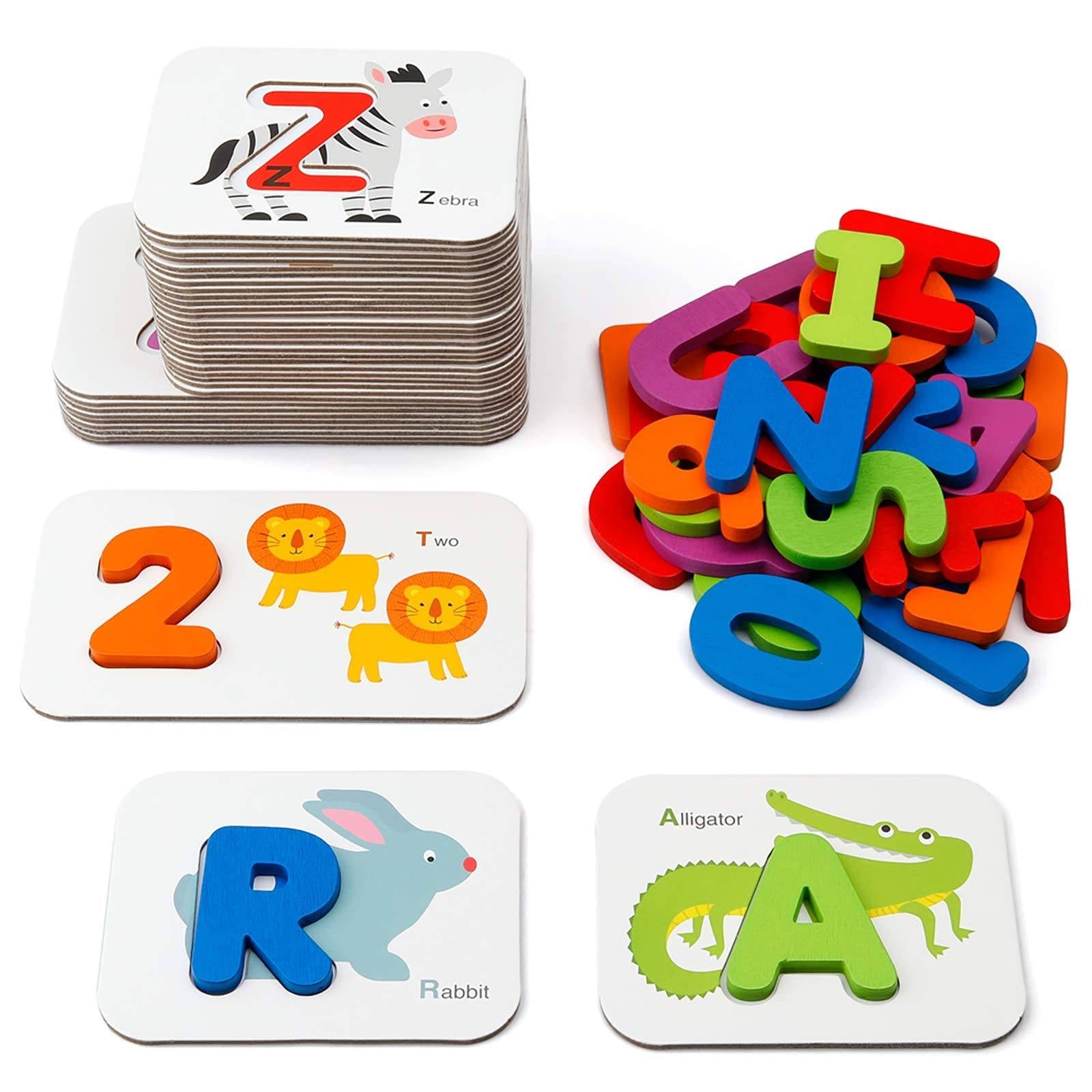 Coogam - Juego de tarjetas flash de números y alfabetos, letras y números de madera ABC