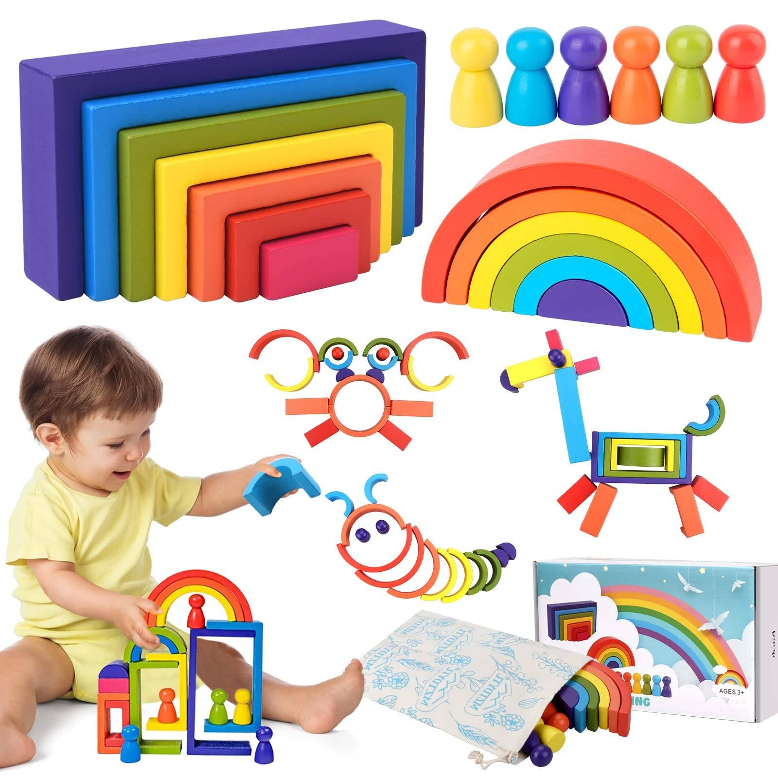 Montessori Toys Bloques de madera, apilamiento de edificios para niños pequeños