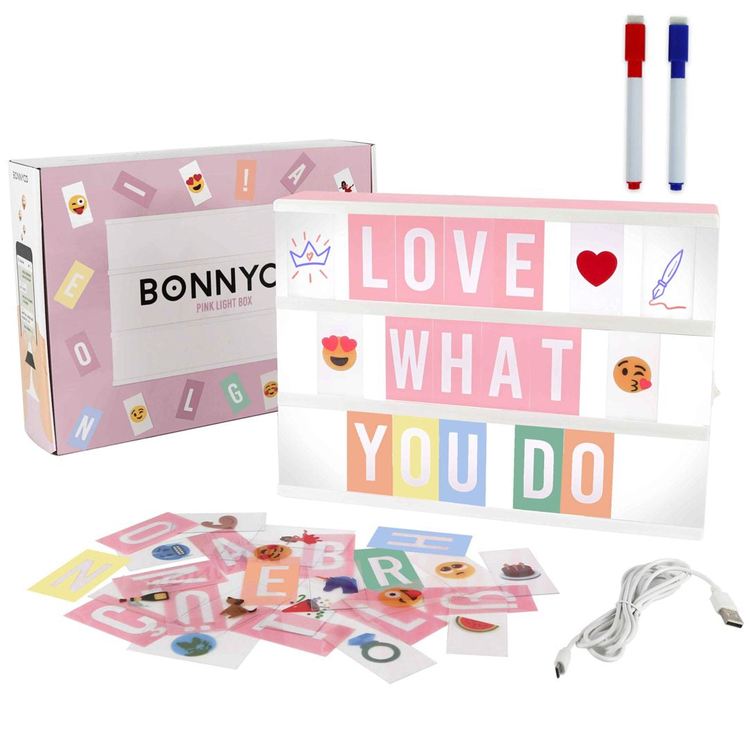 BONNYCO - Caja de luz de cine rosa con 400 letras y emojis y 2 marcadores