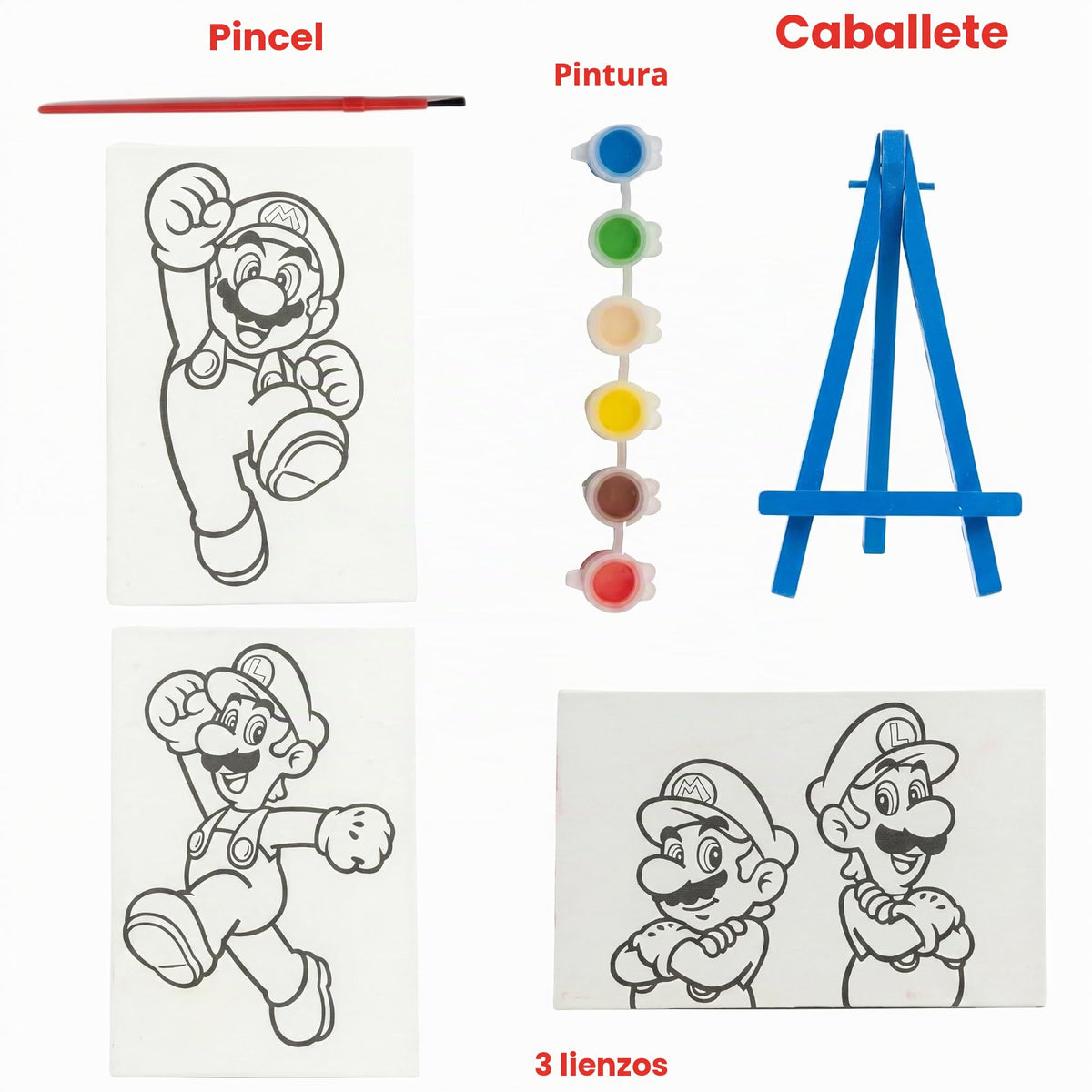Super Mario - Kit de pintura en lienzo para niños, 3 mini lienzos