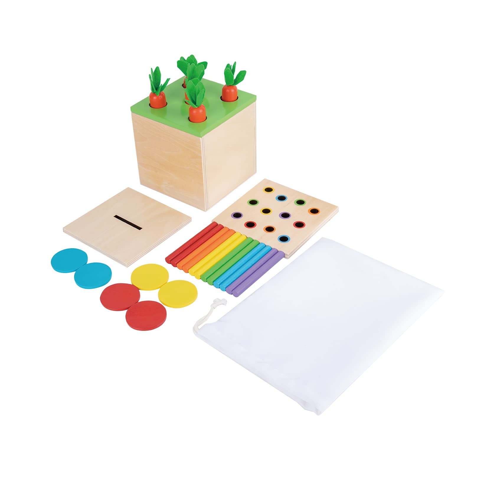 Adena Montessori – Kit de juego de cosecha de zanahoria, juego de caída de color y caja de monedas (3 por 1)
