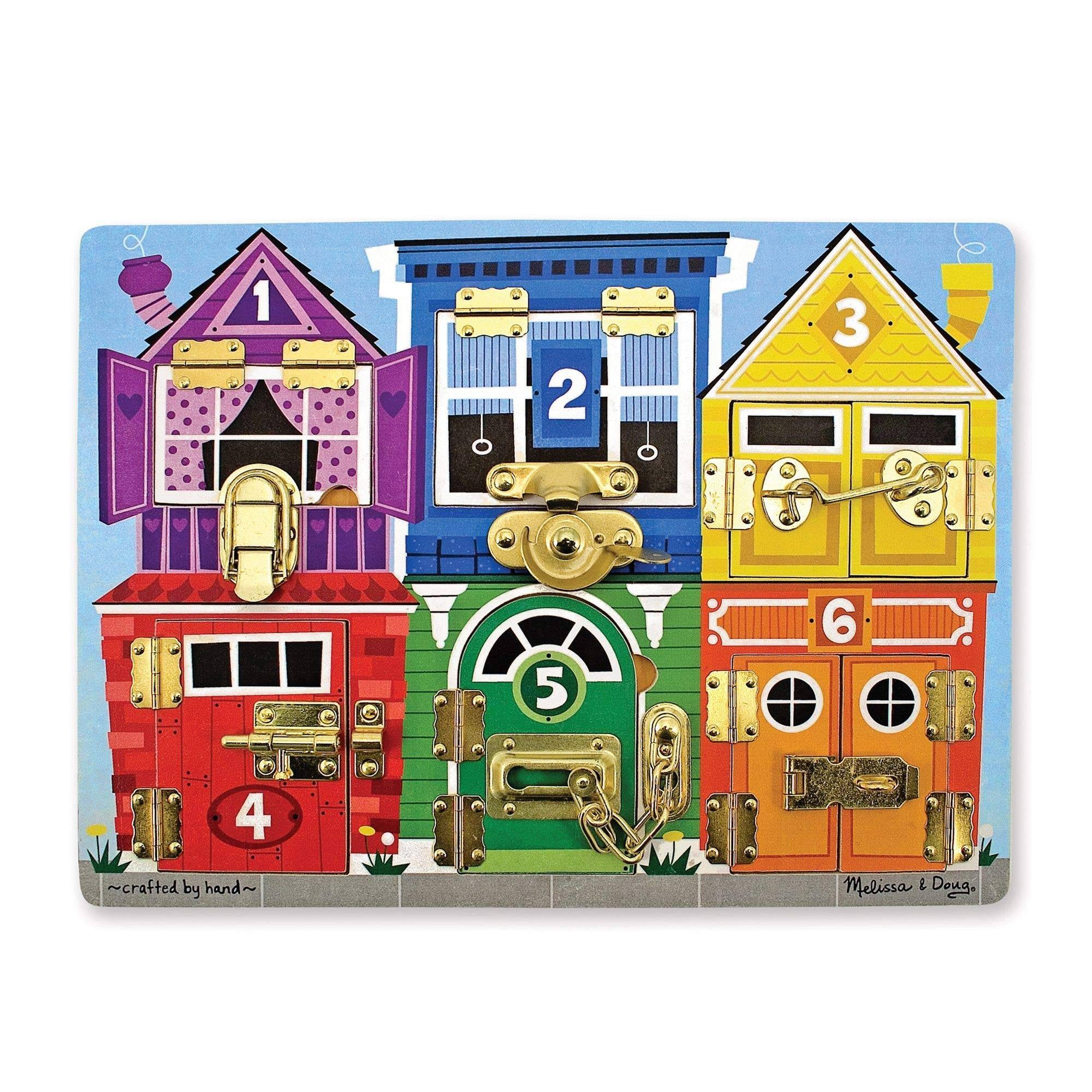 Tablero de actividades de madera Melissa &amp; Doug con cerraduras