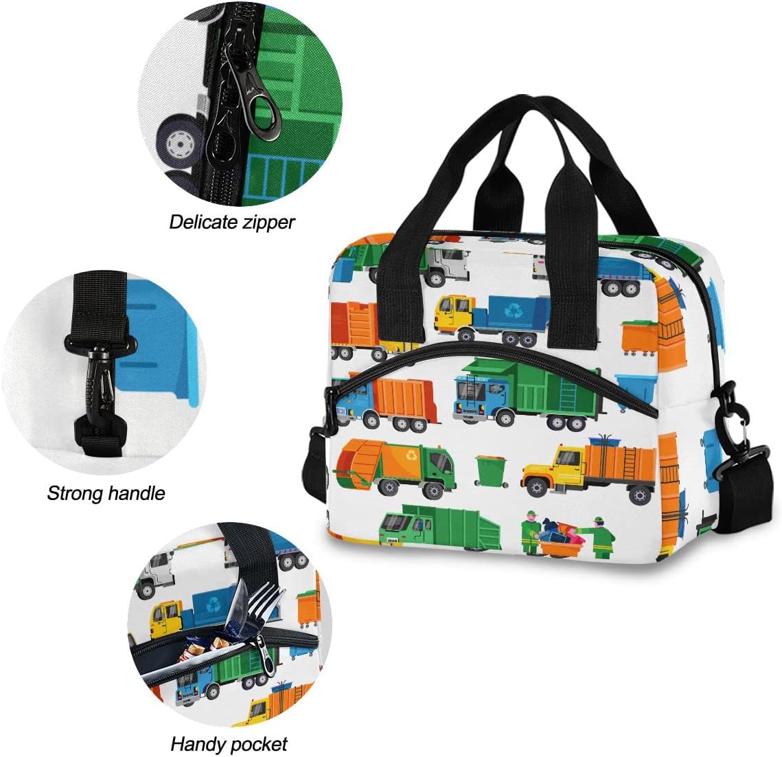 Bolsa de almuerzo aislada a prueba de fugas con correa de hombro ajustable y extraíble, diseño camiones