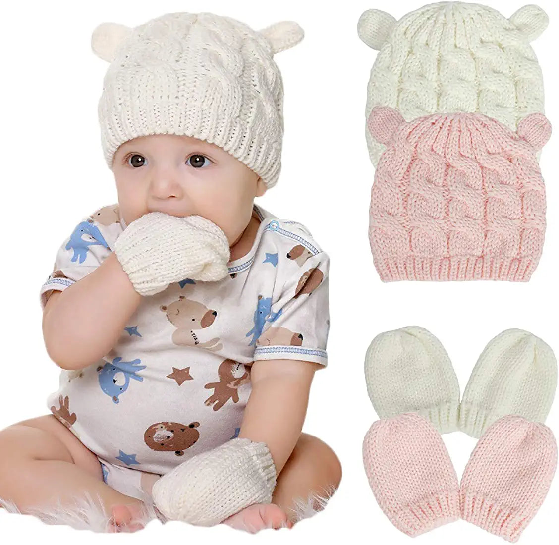 Conjunto de 2 pares de guantes y 2 gorros de invierno, de 0-6m