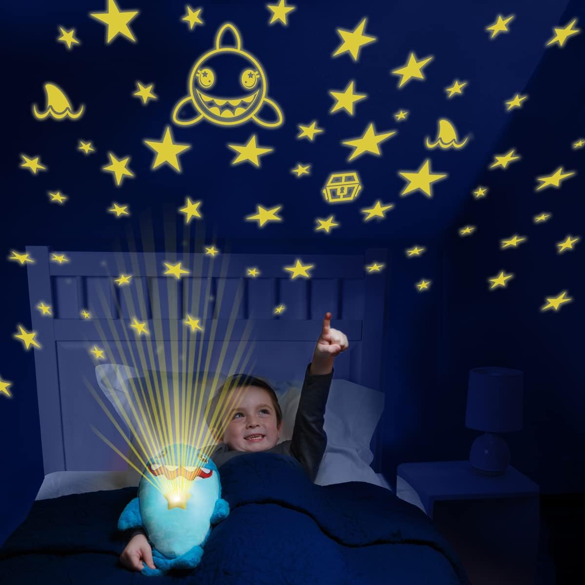 Star Belly Dream Lites- Peluche tiburón Que proyecta un Cielo de Estrellas de Colores en la habitación.
