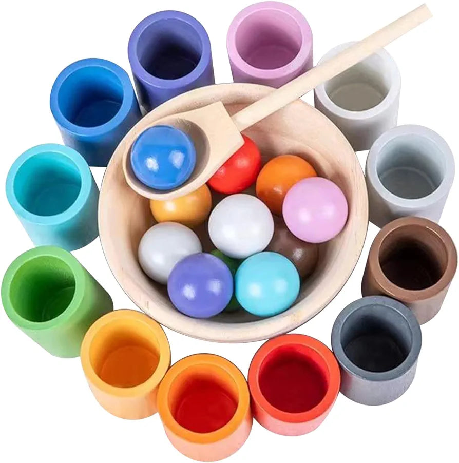 Woodenfun-Bolas de arco iris en tazas Montessori