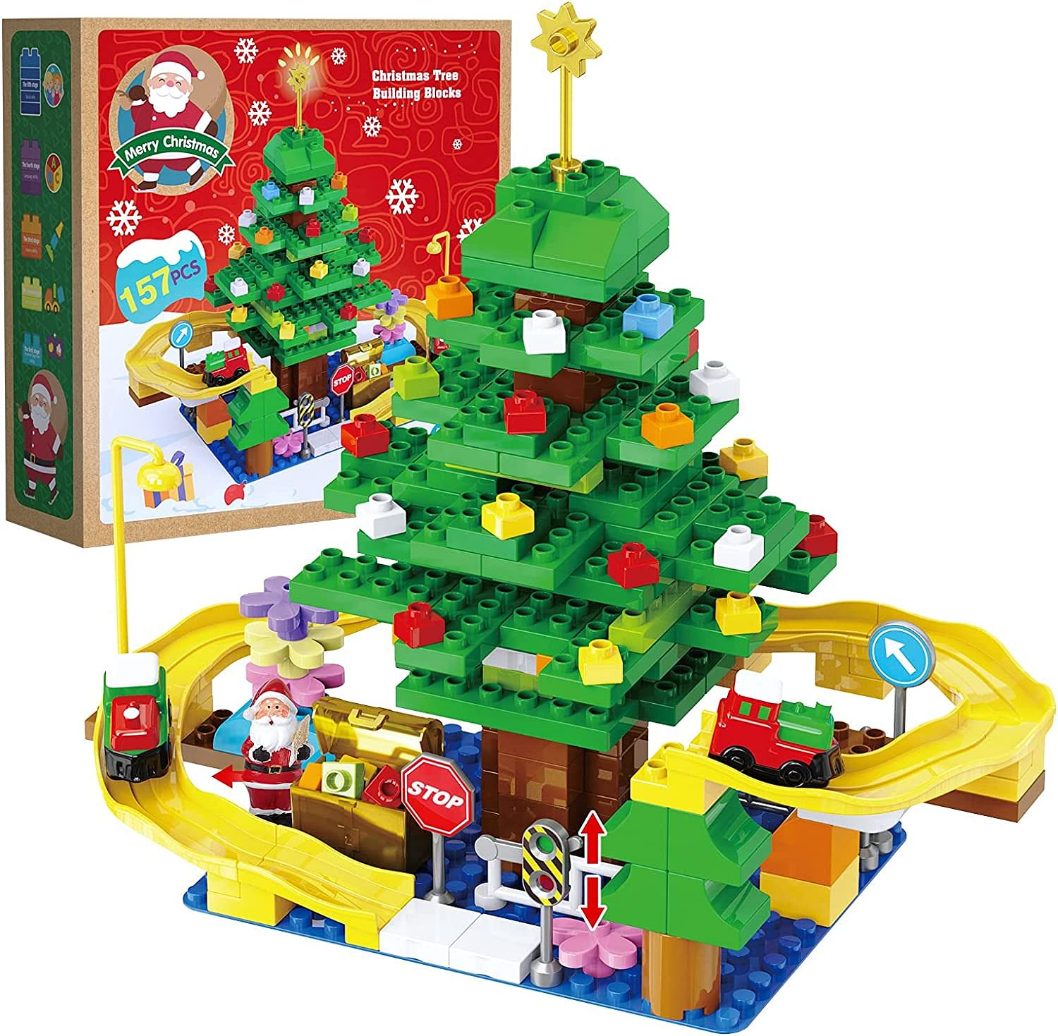 Toi bani- Árbol de navidad de bloques grandes con pista de carros, 157 pcs