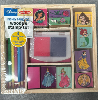 Princesas de Disney Melissa & Doug, juego de sellos: 9 sellos, 5 lápices de colores, de madera y 2 almohadillas de estampas de colores