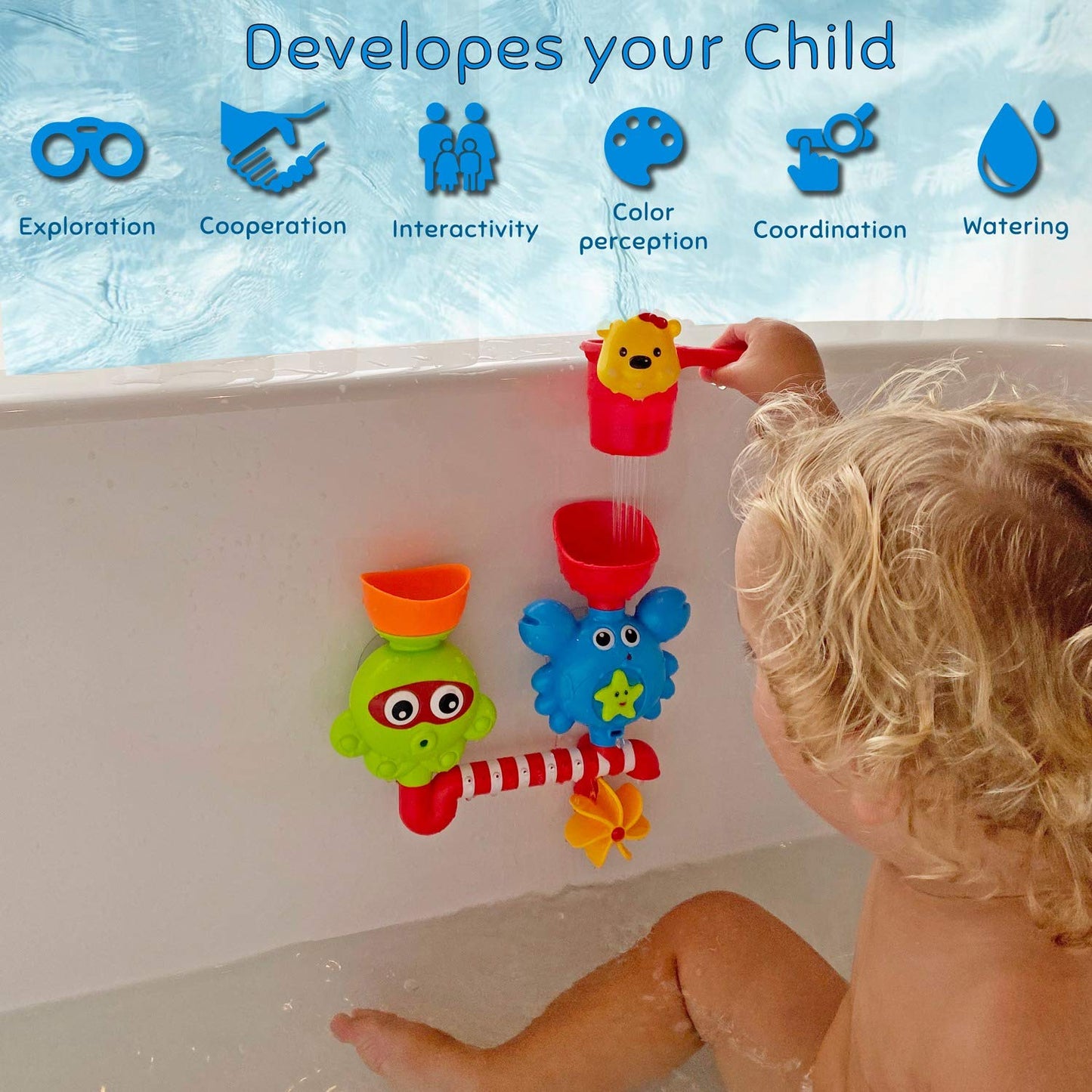 ic toyzz Juguetes de baño para bebés - Juguetes de bañera de cascada con ventosa de llenado, giro y flujo