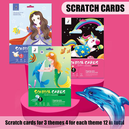 OPUHOHR - Juego de 3 tarjetas de rascar para niños, princesa/unicornio/sirena
