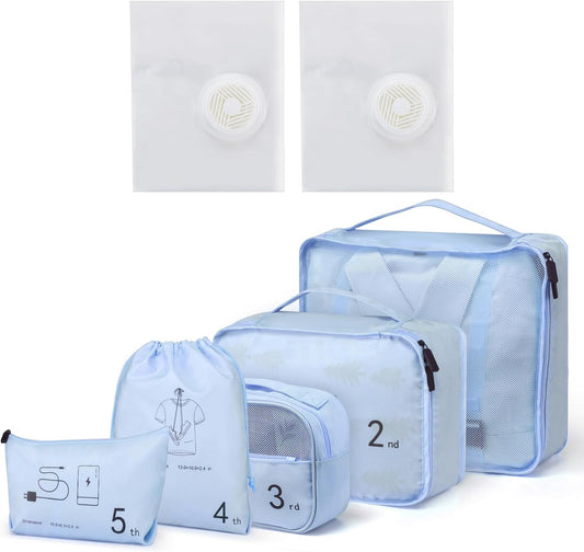 Juego de 7 cubos de embalaje de malla para equipaje, celeste