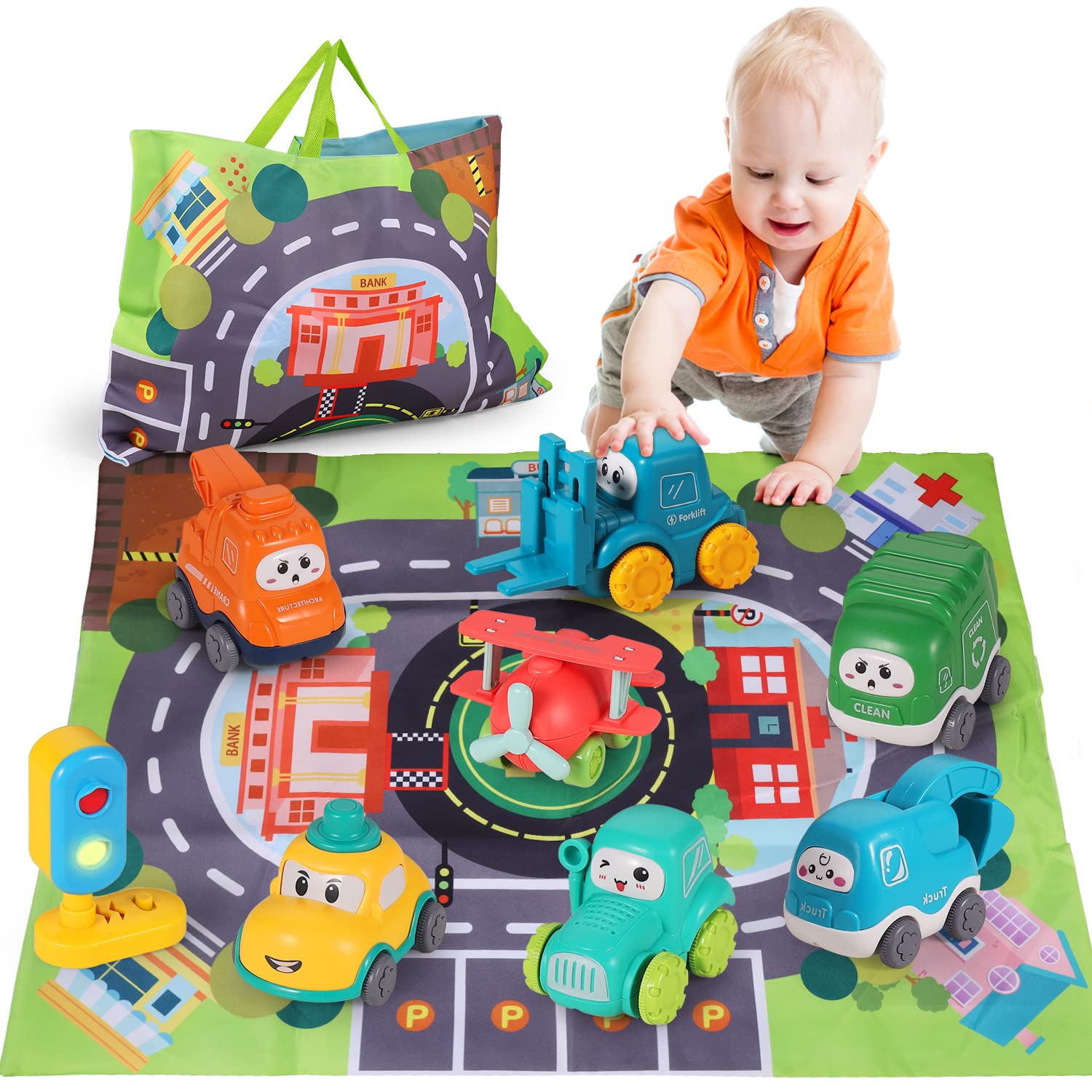 ALASOU- 4 piezas de juguetes para camión de bebé con tapete de juegos/bolsa de almacenamiento