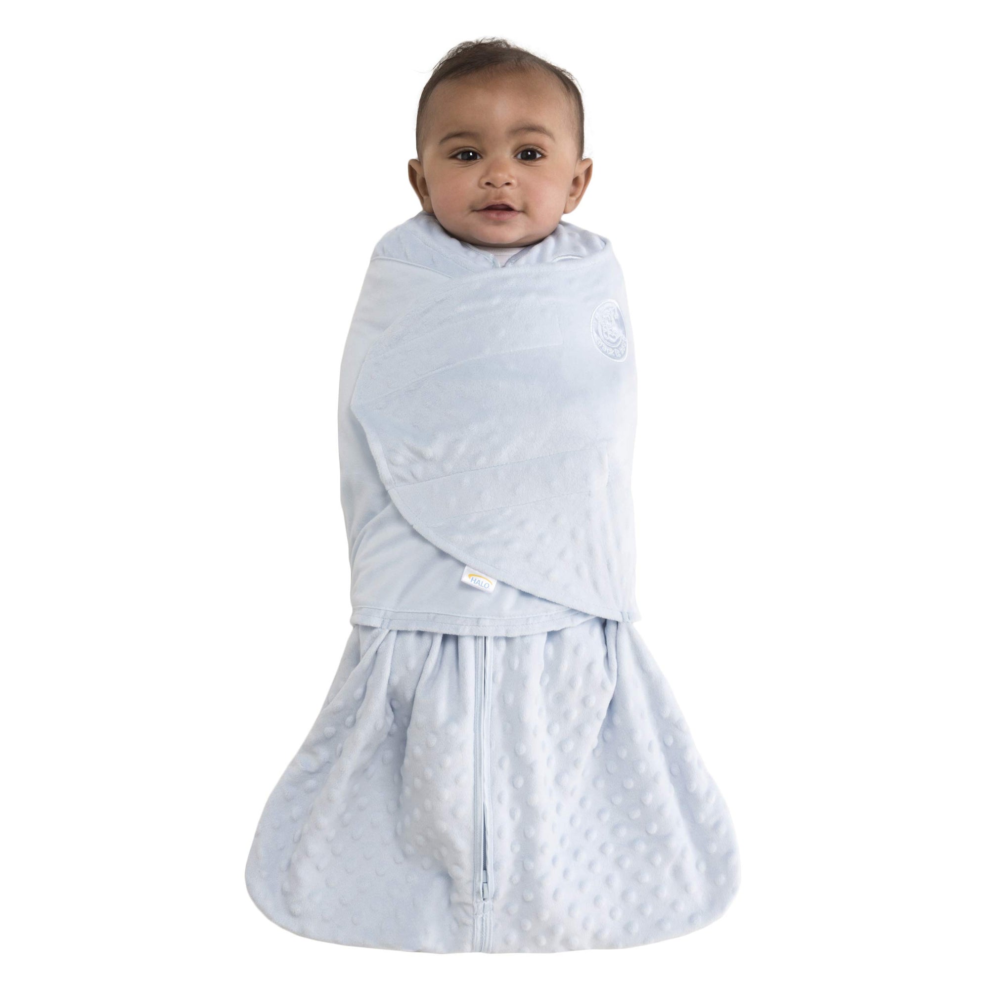 HALO Sleepsack Swaddle, manta portátil ajustable de 3 vías, TOG 3.0, Velboa, puntos de felpa azul, pequeño, 3-6 meses