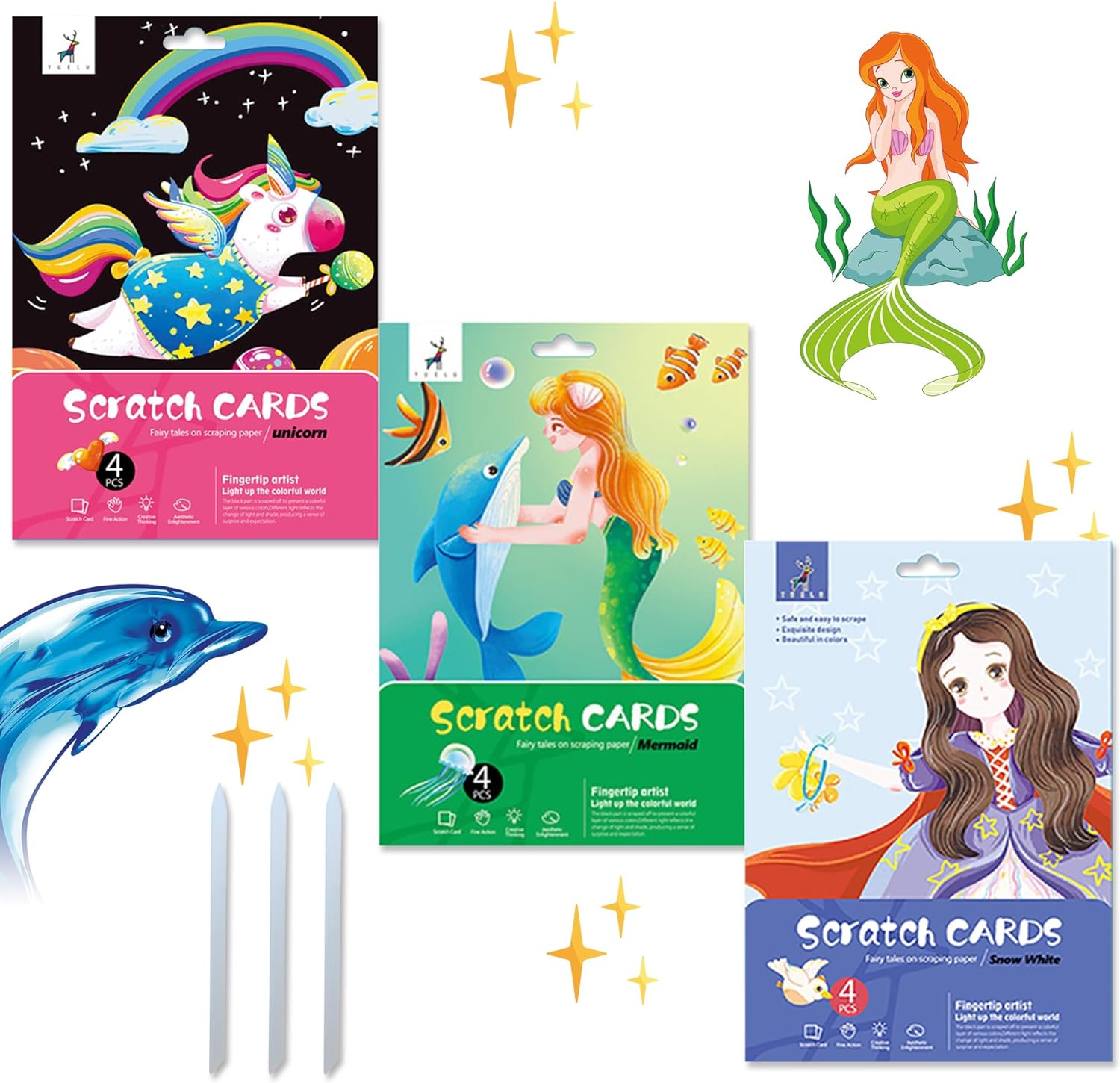OPUHOHR - Juego de 3 tarjetas de rascar para niños, princesa/unicornio/sirena