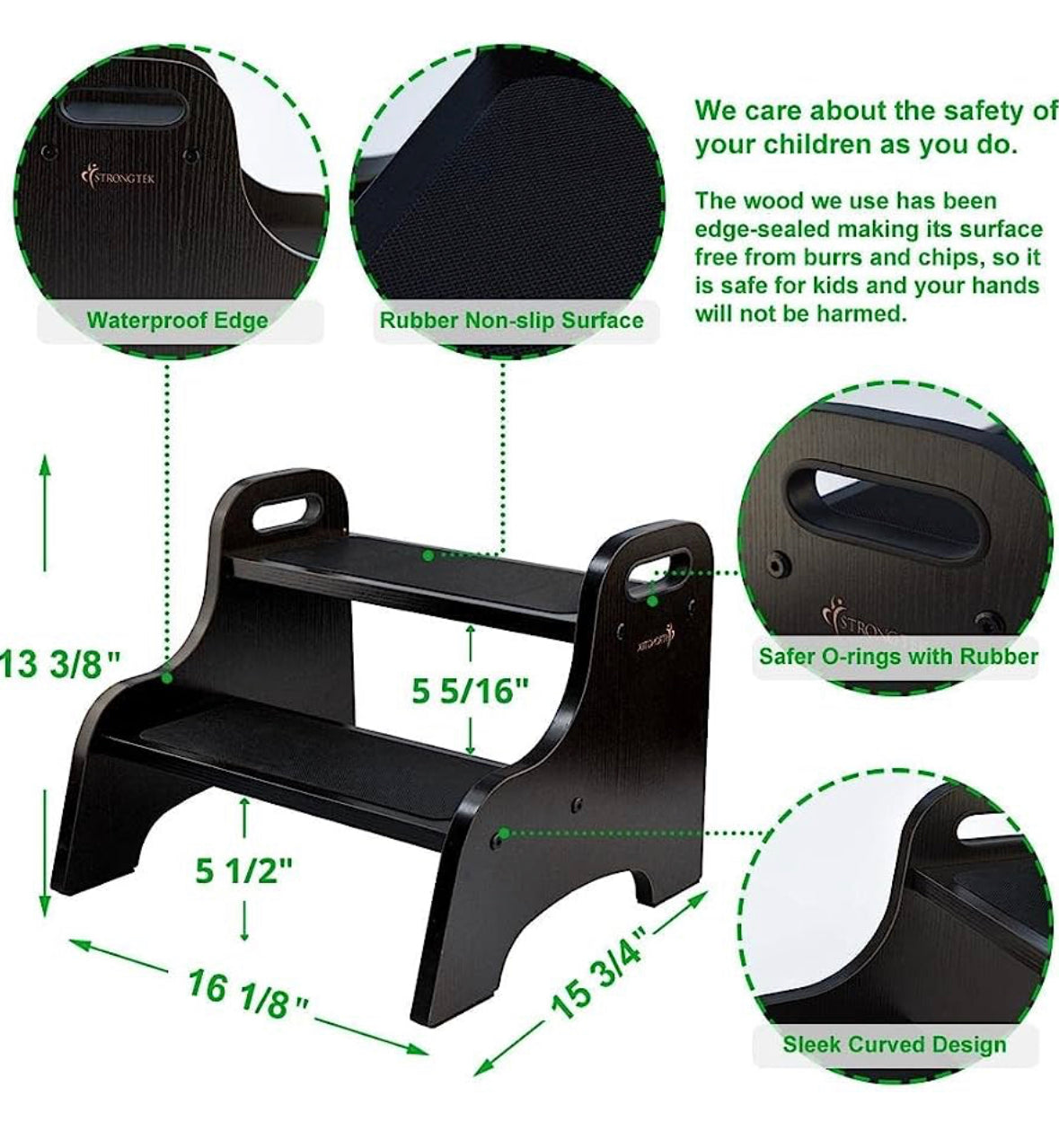 StrongTek Taburete de madera de 2 escalones para niños con superficie antideslizante