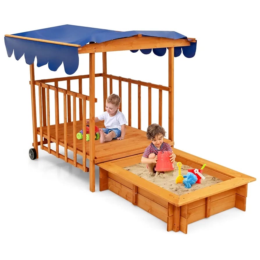Caja de arena retráctil de madera de cedro para niños con toldo