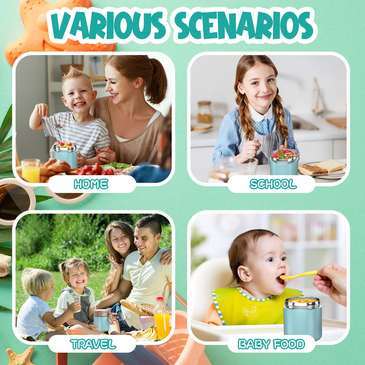 Termo para niños de comida caliente - 15.2oz con cuchara plegable y mango