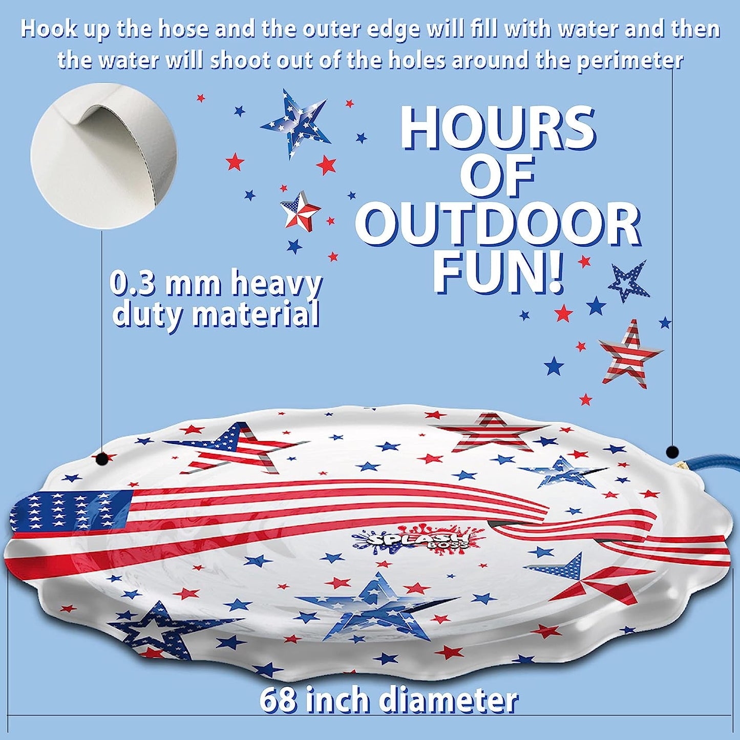 Splash Pad Sprinkler para niños 68", diseño día del presidente, banderas USA