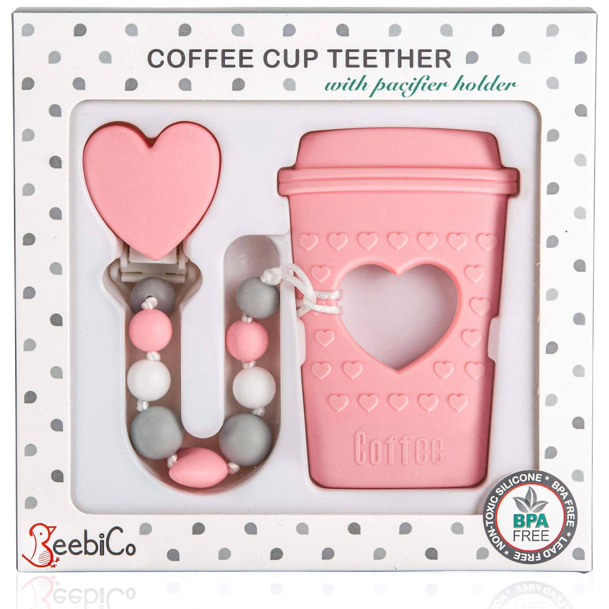 Beebico- Cuentas de silicona para masticar y mordedor para taza de café con corazón rosado para bebés