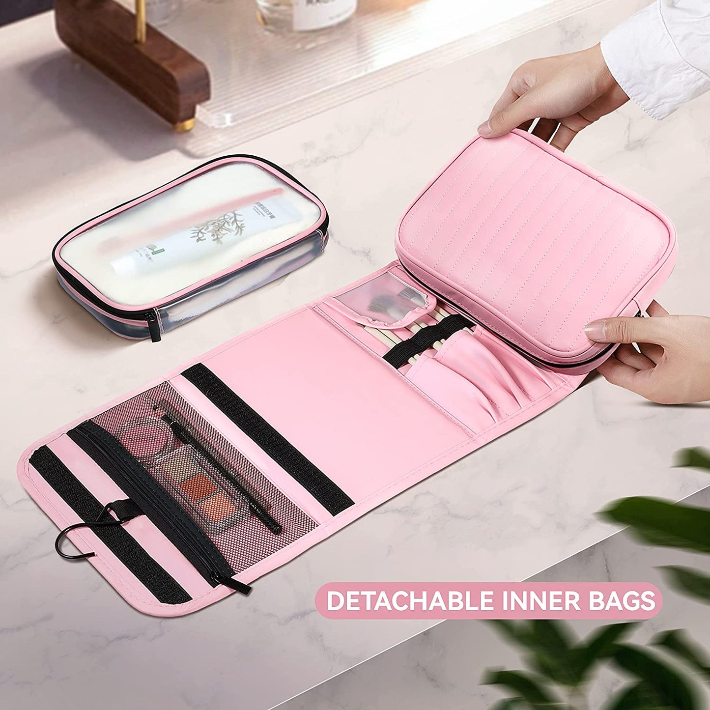 MacaRio- Neceser para Mujer, Rosa, Desmontable Colgante Plegable Portátil