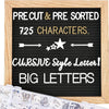Tablero de letras de fieltro – precortadas y clasificadas, 725 caracteres blancos y dorados