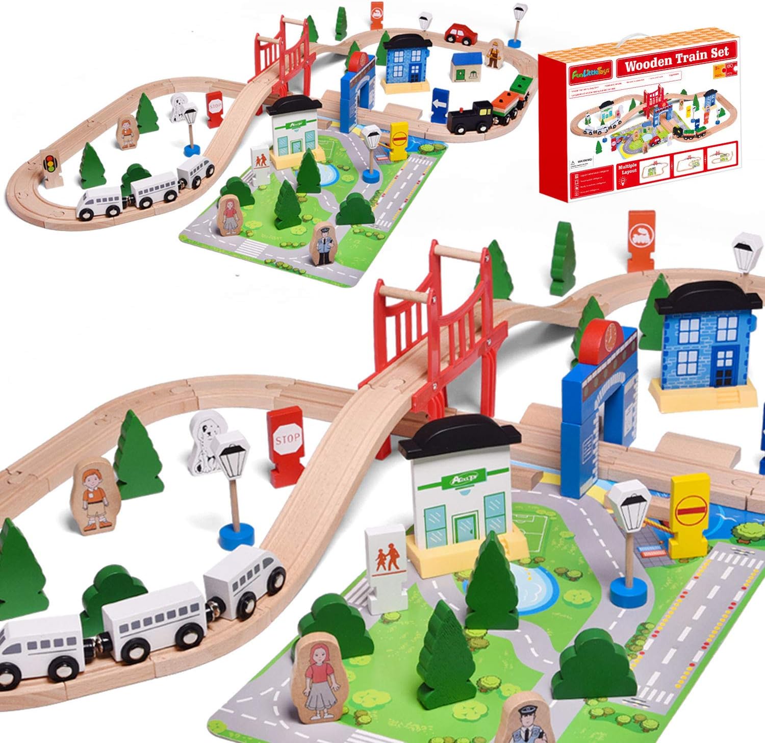 FUN LITTLE TOYS- Vía de tren de madera, 80 piezas
