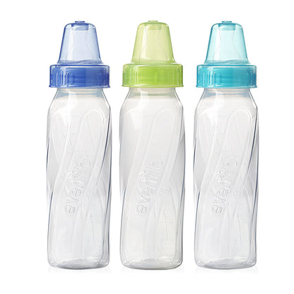 Evenflo Feeding Classic - Botellas de cuello estándar de plástico transparente para bebé, bebé y recién nacido, rosa/lavanda/verde azulado o verde/azul/verde azulado (los colores pueden variar), 8 onzas (paquete de 3)