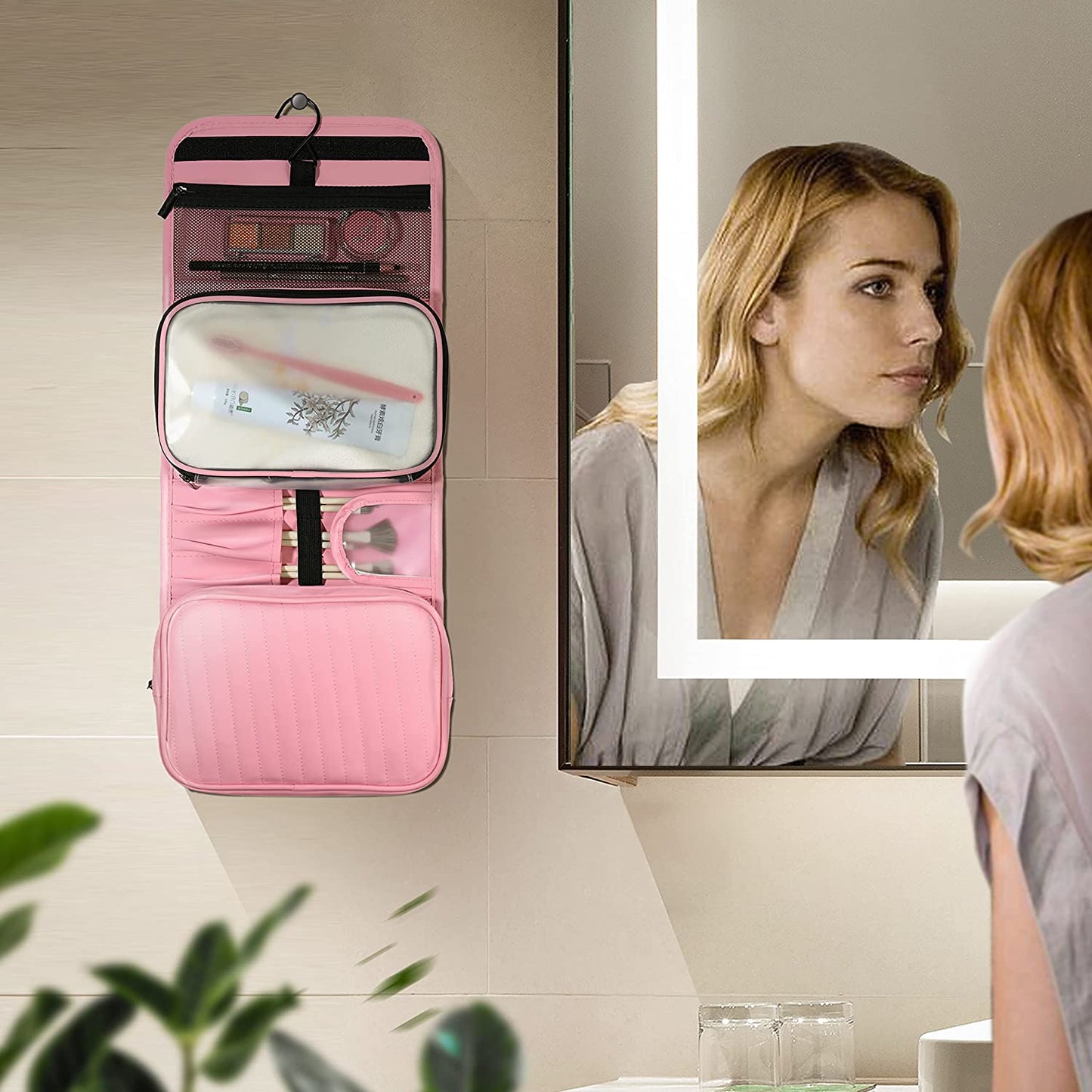 MacaRio- Neceser para Mujer, Rosa, Desmontable Colgante Plegable Portátil