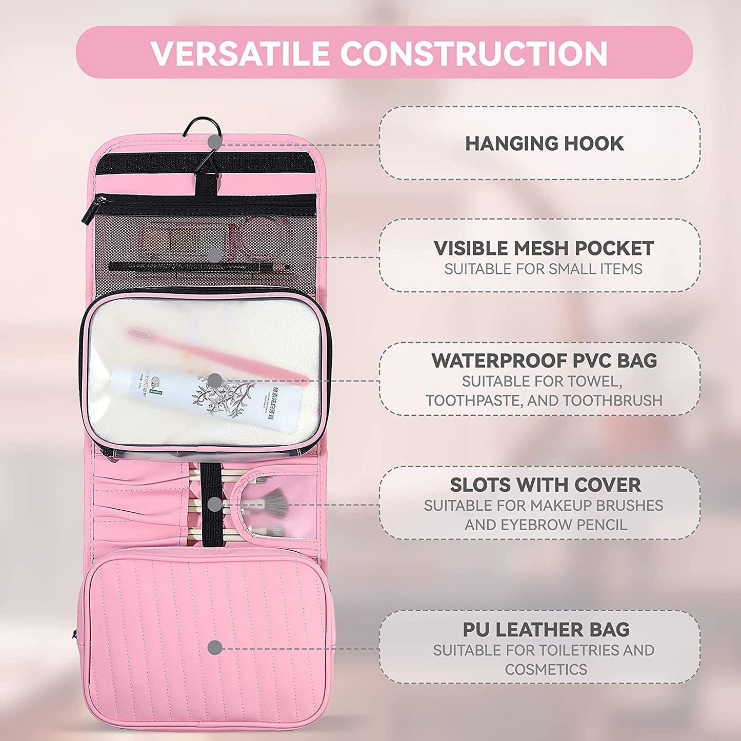 MacaRio- Neceser para Mujer, Rosa, Desmontable Colgante Plegable Portátil