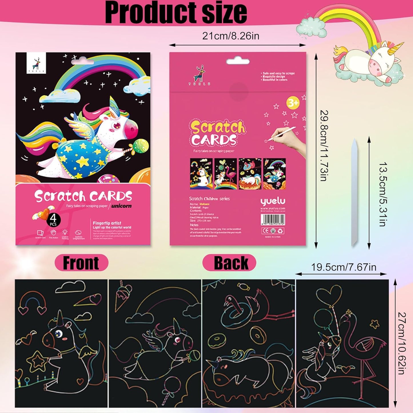 OPUHOHR - Juego de 3 tarjetas de rascar para niños, princesa/unicornio/sirena