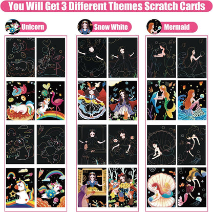 OPUHOHR - Juego de 3 tarjetas de rascar para niños, princesa/unicornio/sirena
