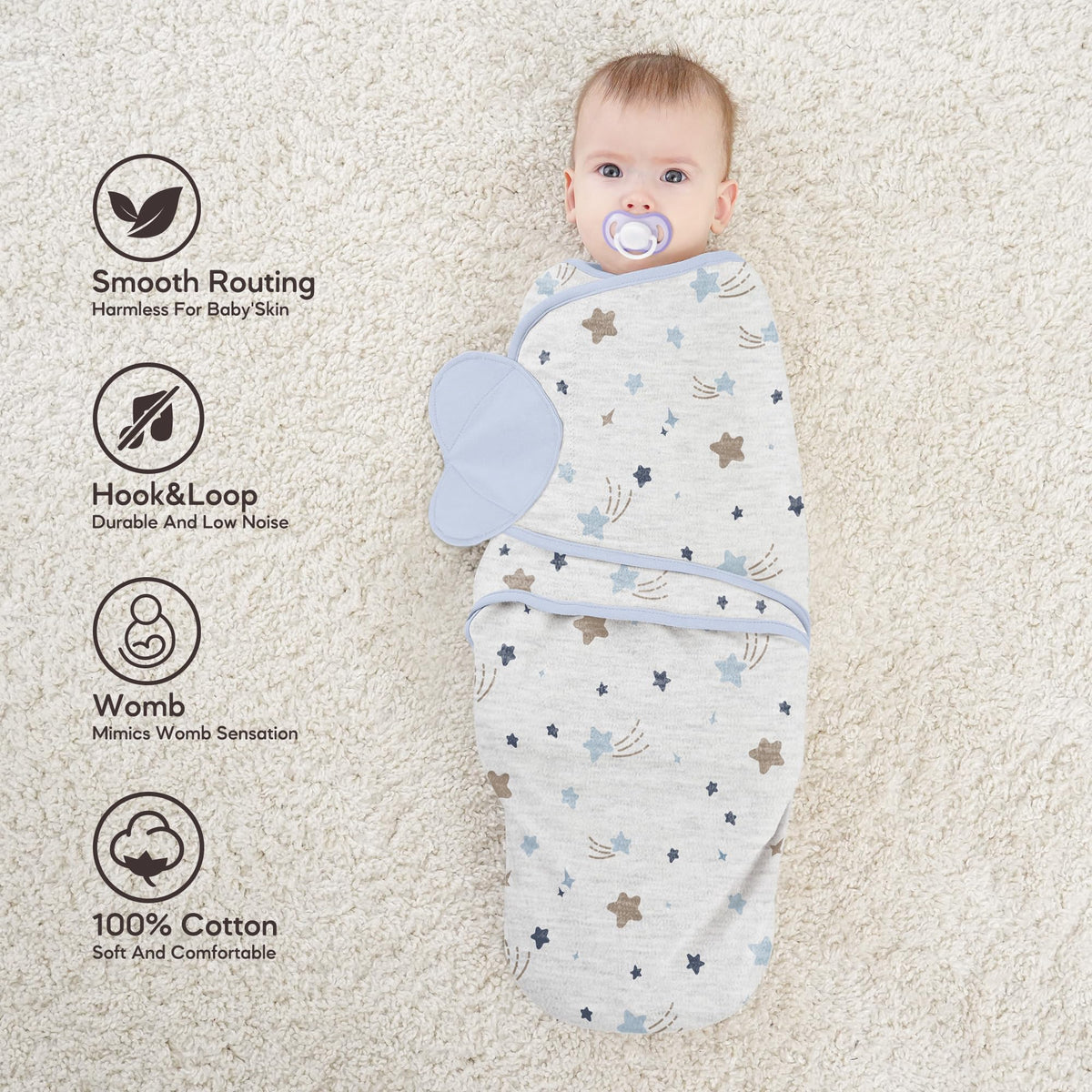 Sacos de dormir Susurration Swaddle, paquete de 3, 100 % algodón de 0 a 6 meses
