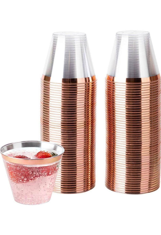 100 vasos plásticos oro rosa