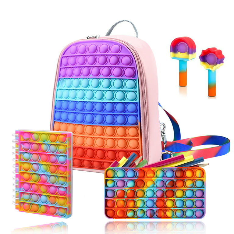 Juego de 5 piezas de juguetes antiestrés para niños, mochila para estudiantes, estuche para lápices, juguetes de burbujas con cremallera