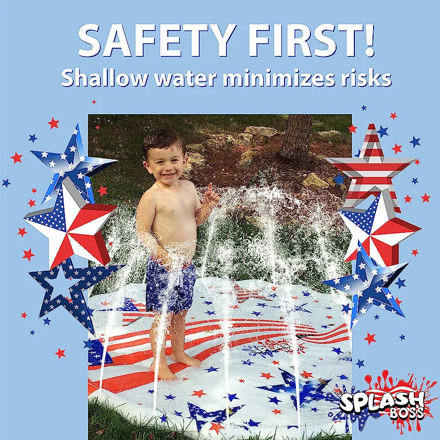 Splash Pad Sprinkler para niños 68", diseño día del presidente, banderas USA