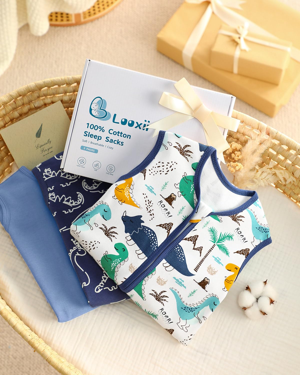 Saco de dormir para bebé Looxii, 0.5 TOG, 100 % algodón, paquete de 3 unidades, 6-12 meses