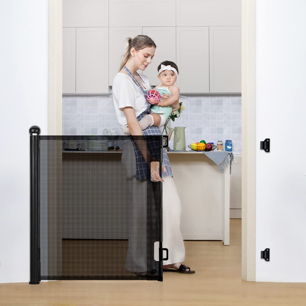 COMOMY Puerta retráctil para escaleras, puerta de malla para perros de 0 a 71 pulgadas