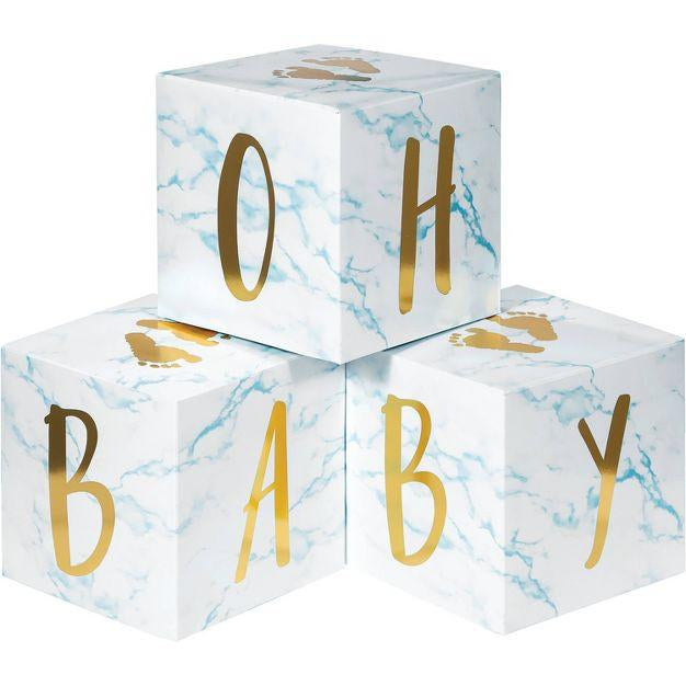 3 centros de mesa de tres piezas de mármol azul para baby shower Oh Baby