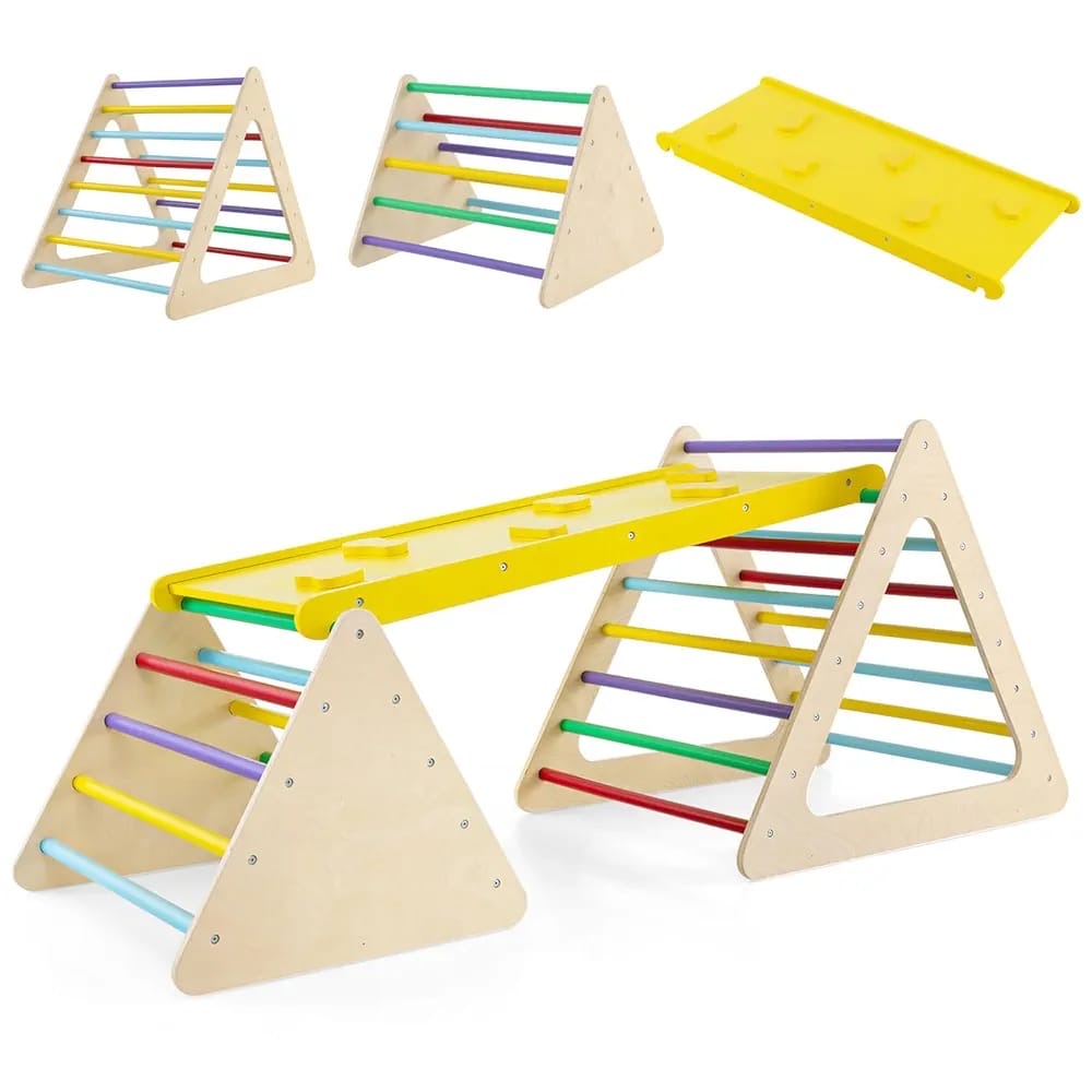 Juguete de escalada para niños pequeños, 3 piezas Montessori triángulo de madera escalador con 2 escaleras triangulares y rampa