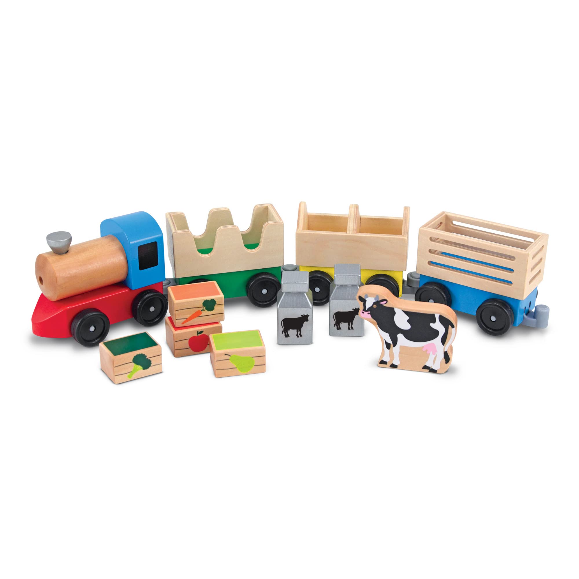 Melissa & Doug Juego de tren de granja de madera, juguete clásico de madera (3 autos de enlace)