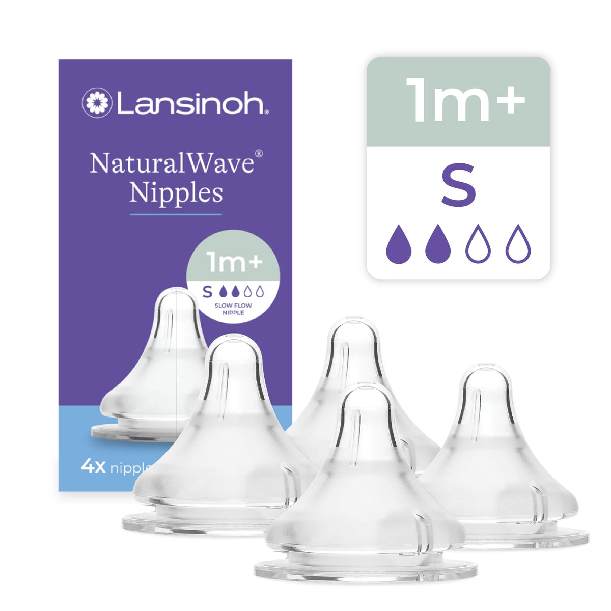 Lansinoh NaturalWave - Tetinas para biberón de bebé, flujo lento, talla S, 1+ mes, 4 unidades