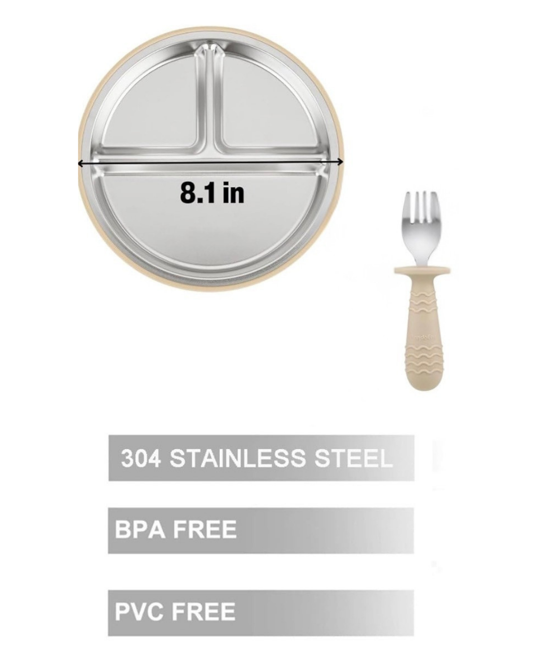 PandaEar plato de succión de acero inoxidable con tenedor