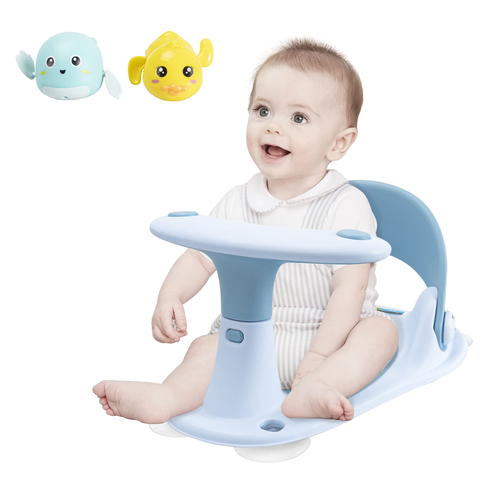 Asiento de baño para bebé, 2 juguetes de baño de tortuga + 4 ventosas + termómetro de agua