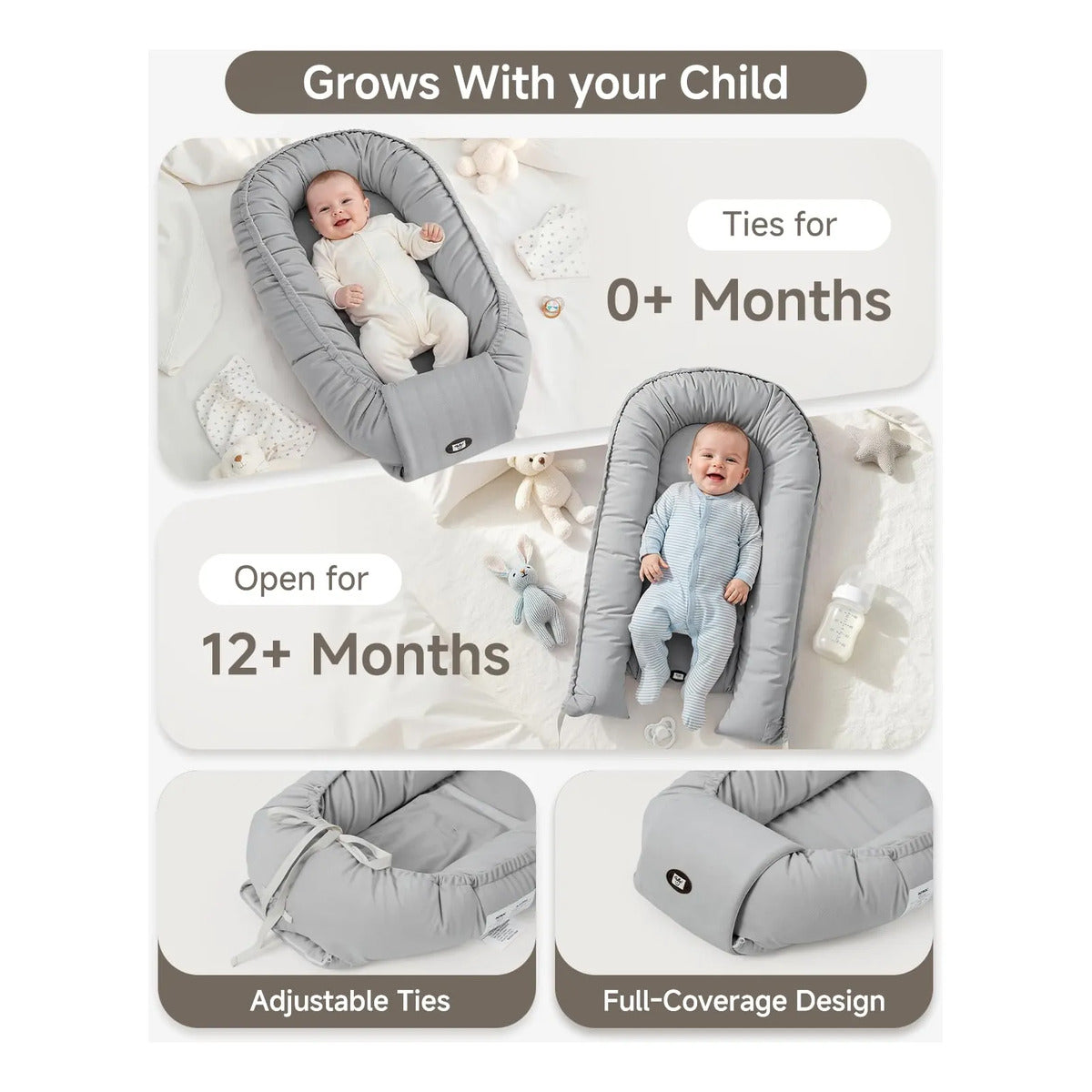 Tumbona para bebé Aciroc ajustable para recién nacidos de 0 a 24 meses, color gris