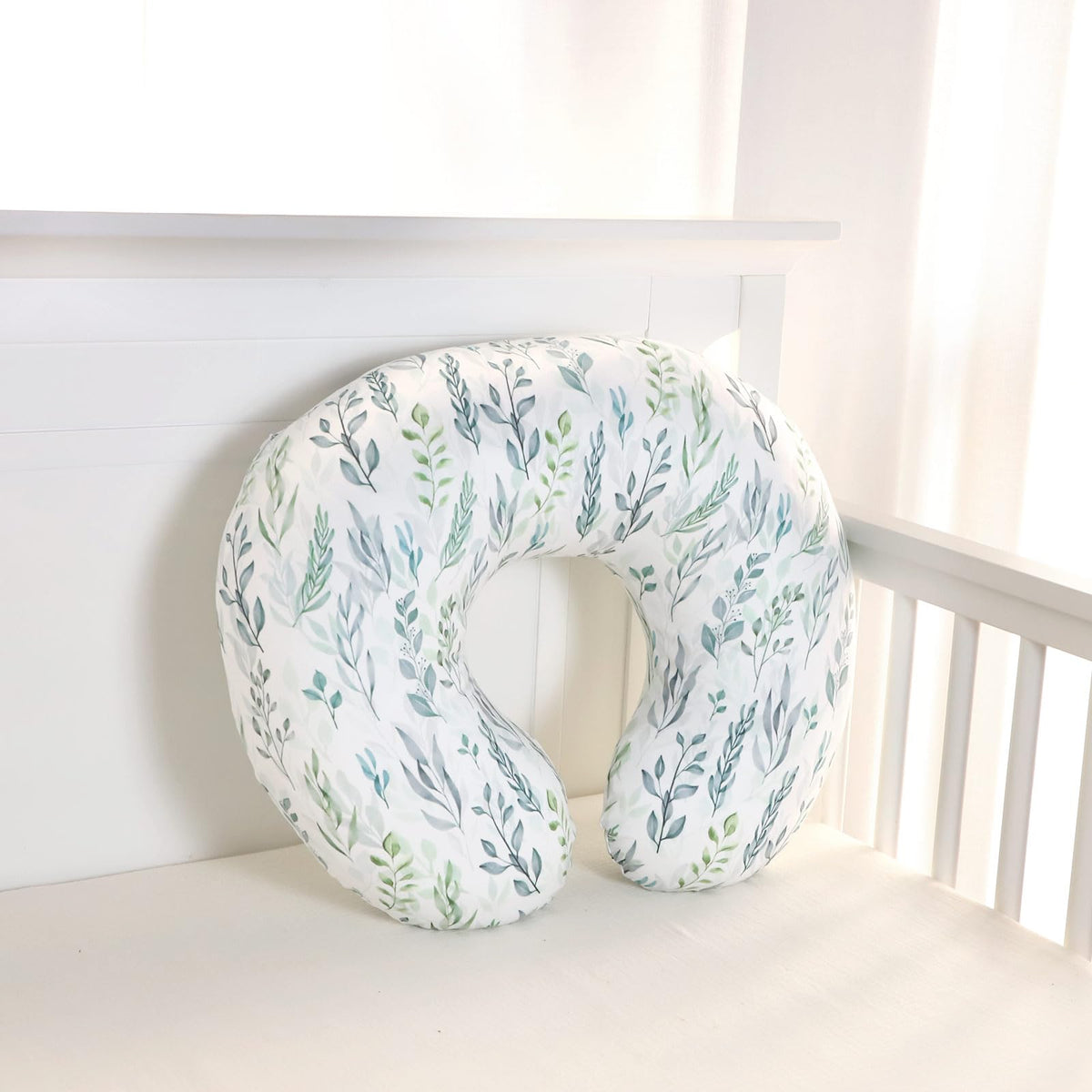 Almohada de lactancia estampado de hojas verdes, algodón muselina