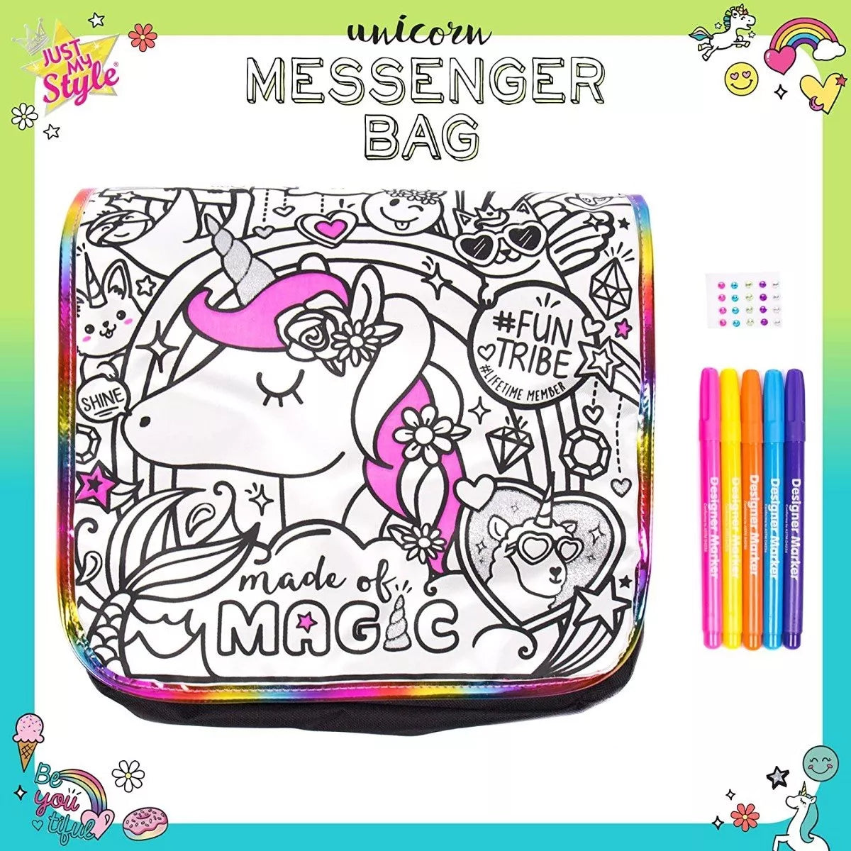 Just My Style-Bolsa bandolera personalizada  Color Your Own Unicorn con correa ajustable