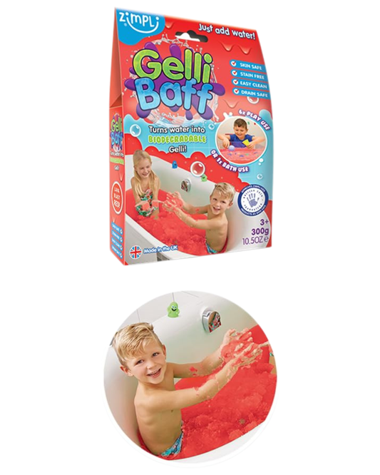 Gelly Baff convierte el agua en un colorido juguete sensorial y de baño, rojo